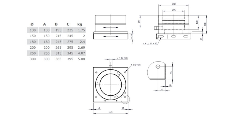 Grundplatte mit Kondensatablauf seitlich und 1/2“ Nippel - doppelwandig - Tecnovis TEC-DW-Design