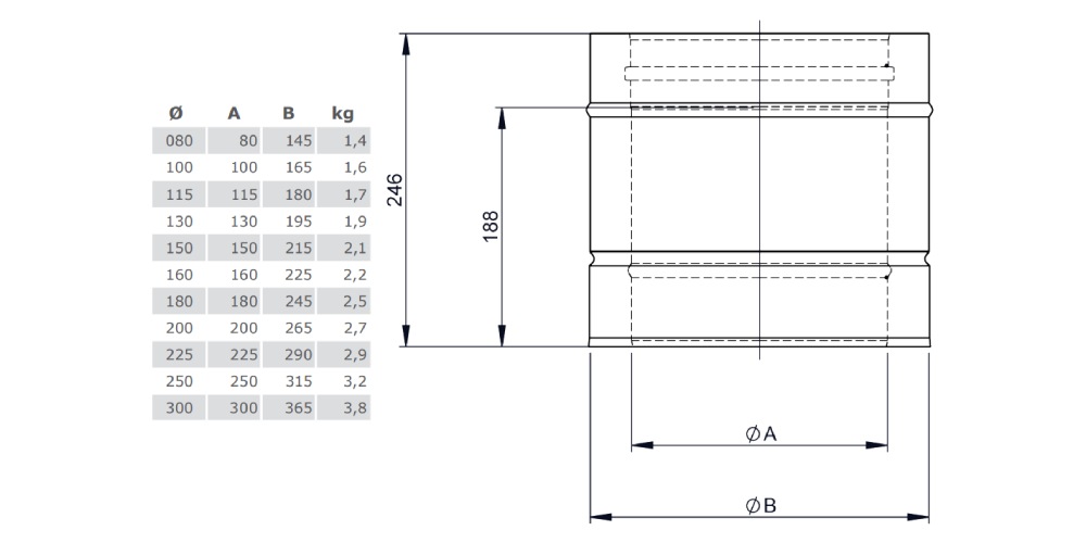 Längenelement 250 mm - doppelwandig - Tecnovis TEC-DW-Silver