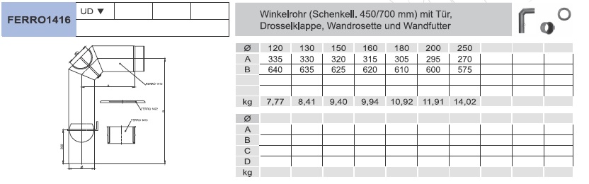 Ofenrohr - Winkelrohr (Schenkellänge 450/700 mm) - Set für Anschluss oben - schwarz - Tecnovis TEC-Stahl