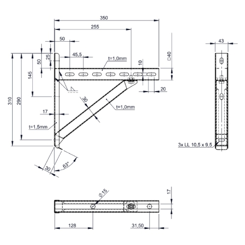 Wandstützen & Querträger Typ I 350 mm, Altkupfer lackiert für Tecnovis TEC-DW-CLASSIC
