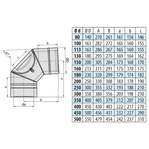 Bogen 87° mit Prüföffnung (bis 600°C) - doppelwandig - eka edelstahlkamine complex D