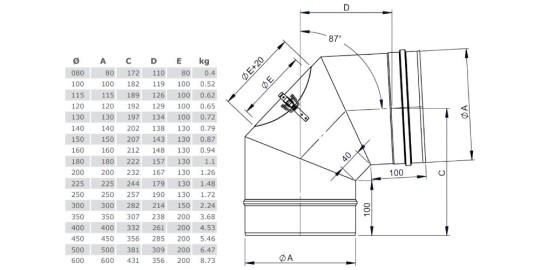 Winkel 87° starr mit Revisionsöffnung - einwandig - Tecnovis TEC-EW-Classic