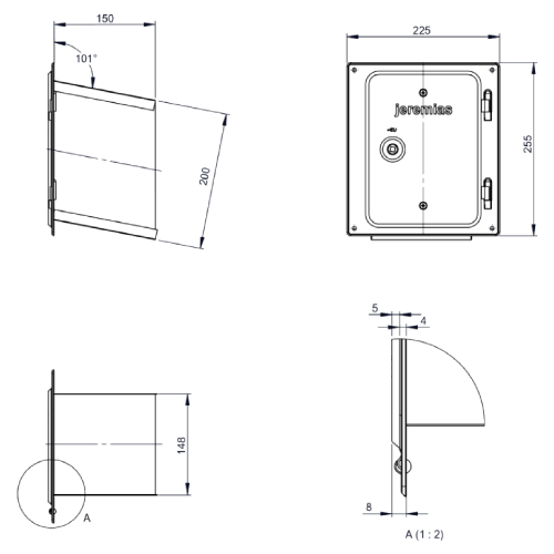 Edelstahlkamintüre 210 x 140 mm mit Schiebestutzen 150 mm schräg, passend für FU07K - einwandig - Tecnovis TEC-EW-Classic