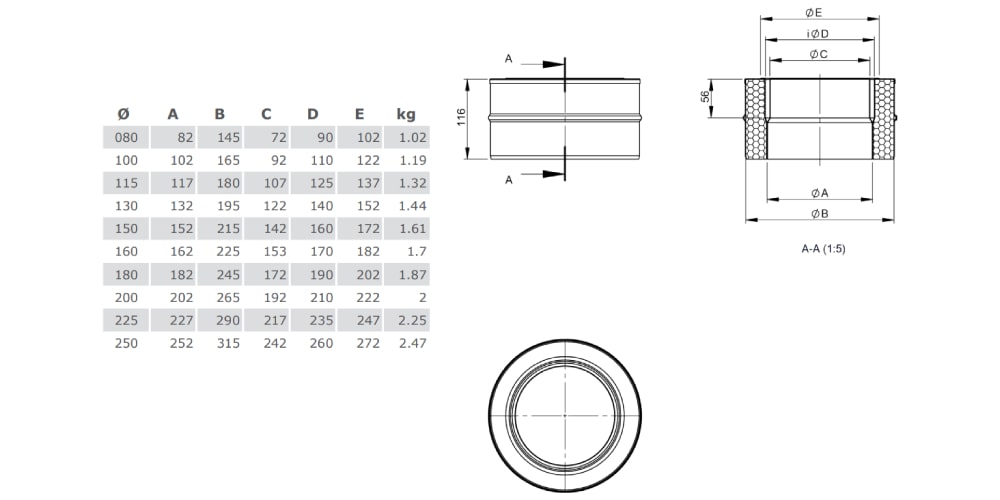 Übergang TEC-EW-Classic/TEC-DW-Classic mit integriertem Wandfutter, gerade für TEC-STAHL aus Kupfer - Tecnovis TEC-DW-Classic