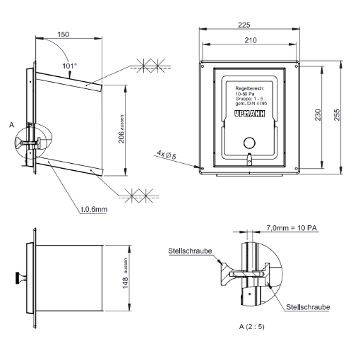 Zugbegrenzer aus Edelstahl 210x140 mm mit Schiebestutzen 150 mm für Reinigungselement - Tecnovis TEC-EW-Classic