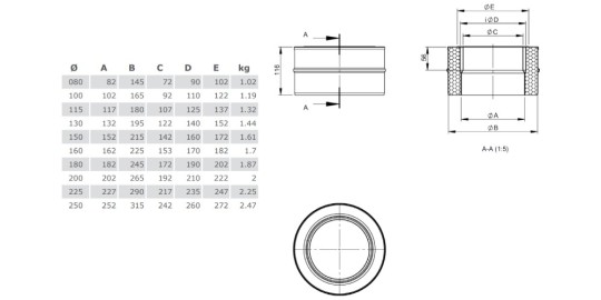 Übergang TEC-EW-SILVER / TEC-DW-SILVER mit integriertem Wandfutter, gerade für TEC-STAHL - Tecnovis TEC-DW-Silver