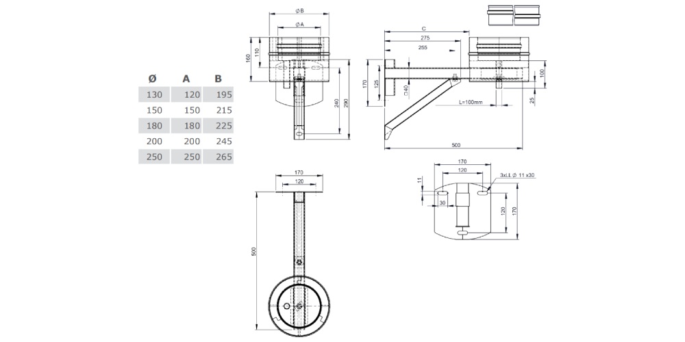Grundplatte rund mit Kondensatablauf unten und Halterung verstellbar bis 200 mm - Tecnovis TEC-DW-Design