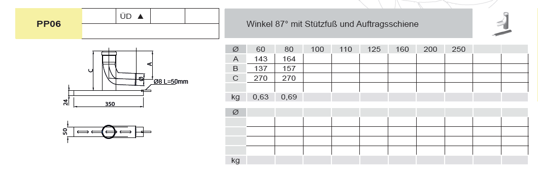 Winkel 87° mit Stützfuß und Auflageschiene - Kunststoff - Tecnovis TEC-PPS und TEC-PP-FLEX