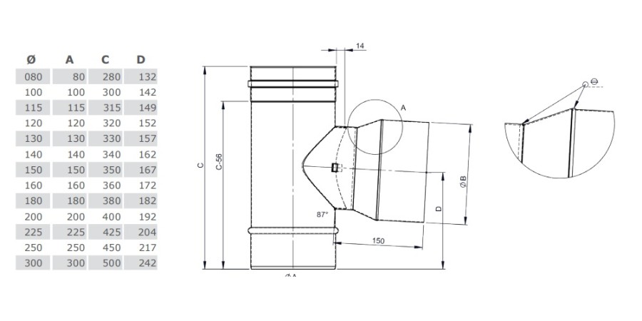 T-Klix 87° mit Wassernase Abgang - einwandig für Tecnovis TEC-EW-SILVER