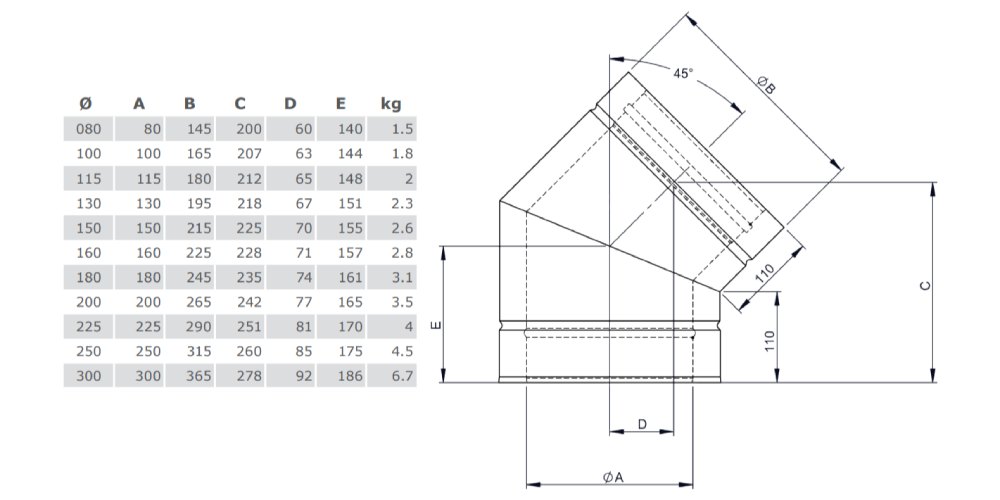 Winkel 45° starr - doppelwandig - Tecnovis TEC-DW-Silver