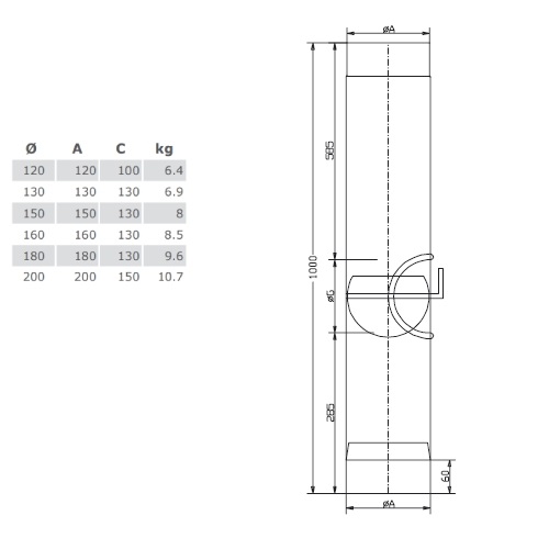 Ofenrohr - Längenelement 1000 mm mit Drosselklappe und Tür schwarz (ohne Einzug) - Tecnovis TEC-Stahl