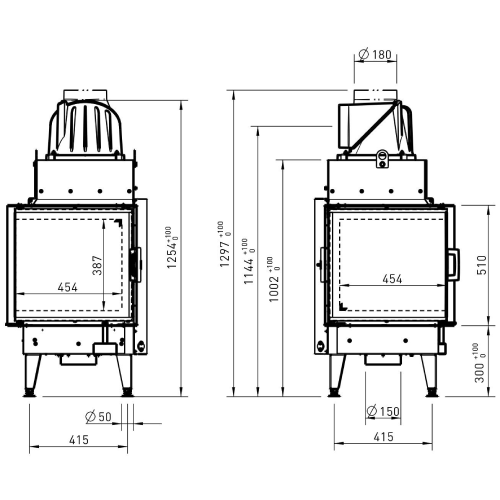 Austroflamm Eckkamin 55x55x.. K 3.0 Kamineinsatz 11/13/15 kW Drehtür