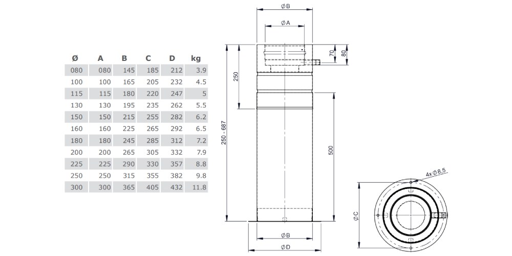 Teleskopstütze 250-690 mm inkl. Teleskopkopf mit Kondensatablauf seitlich - Tecnovis TEC-DW-Silver