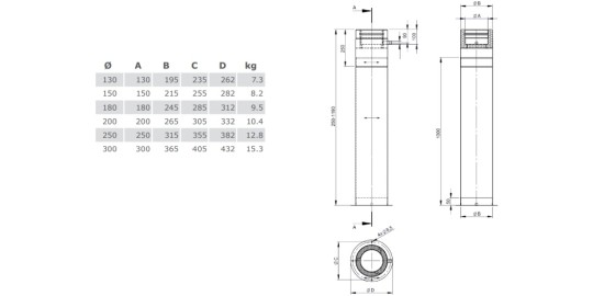 Teleskopstütze 250 - 1190 mm inkl. Teleskopkopf mit Kondensatablauf seitlich - doppelwandig - TEC-DW-DESIGN
