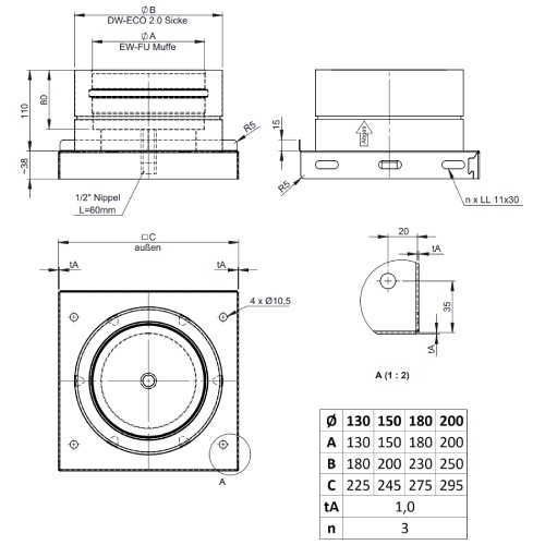 Grundplatte mit Kondensatablauf unten und 1/2“ Nippel - doppelwandig - Tecnovis TEC-DW-NOIR