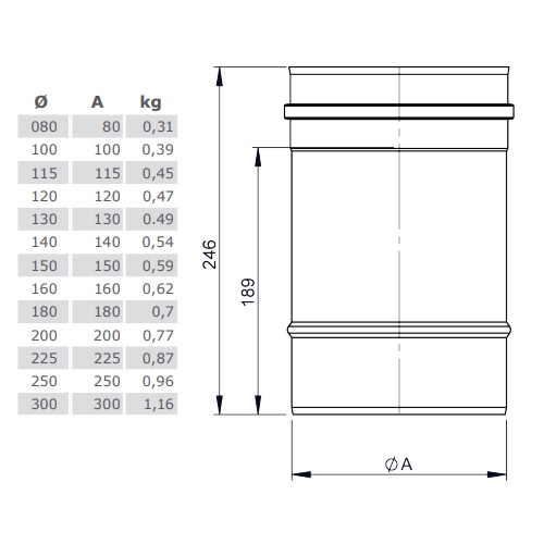 Längenelement 250 mm - einwandig für Tecnovis TEC-EW-SILVER