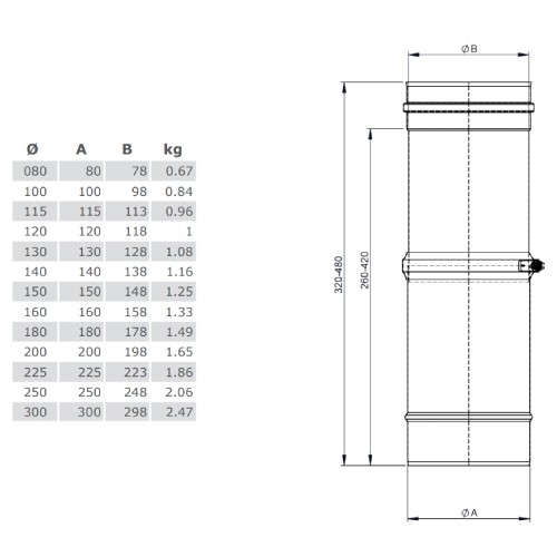Schiebeelement für Verbindungsleitung 320 - 460 mm - einwandig - Tecnovis TEC-EW-SILVER