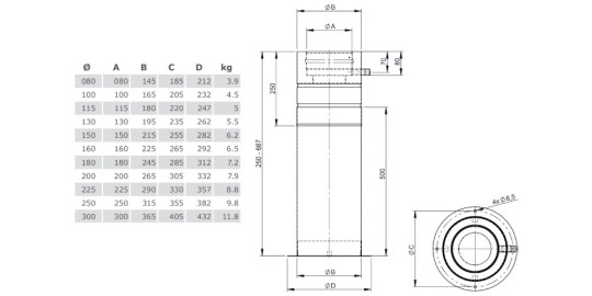 Teleskopstütze 250-690 mm inkl. Teleskopkopf mit Kondensatablauf seitlich - Tecnovis TEC-DW-Silver