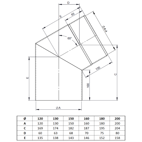 Ofenrohr - Winkel 60° ohne Tür schwarz - Tecnovis TEC-Stahl