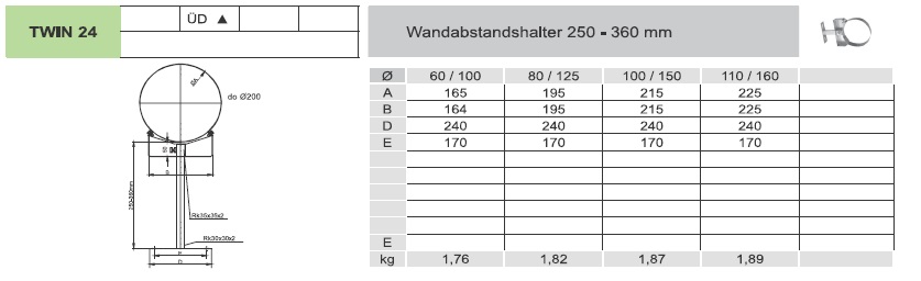 Wandabstandshalter 250 - 360 mm - konzentrisch für Tecnovis TWIN