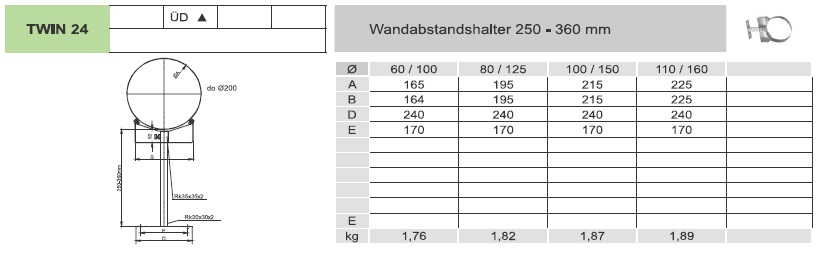 Wandabstandshalter verstellbar 250 - 360 mm für Tecnovis TEC-LAS Systeme