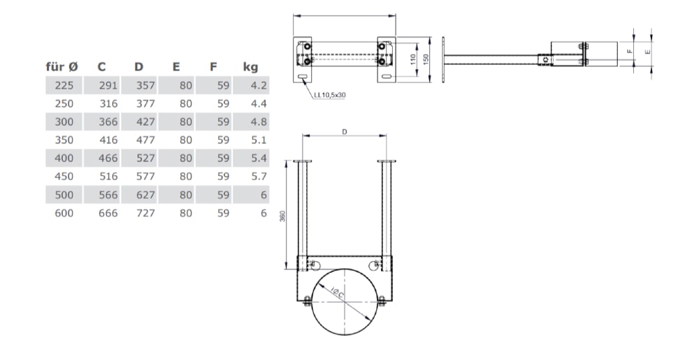 Wandabstandshalter 50 - 360 mm für Tecnovis TEC-DW-Classic und TEC-DW-Silver