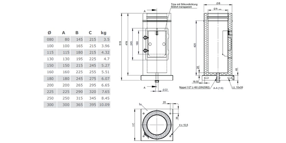 Reinigungselement mit integrierter Grundplatte und Kondensatablauf unten (Außenbereich) aus Kupfer - Tecnovis TEC-DW-Classic