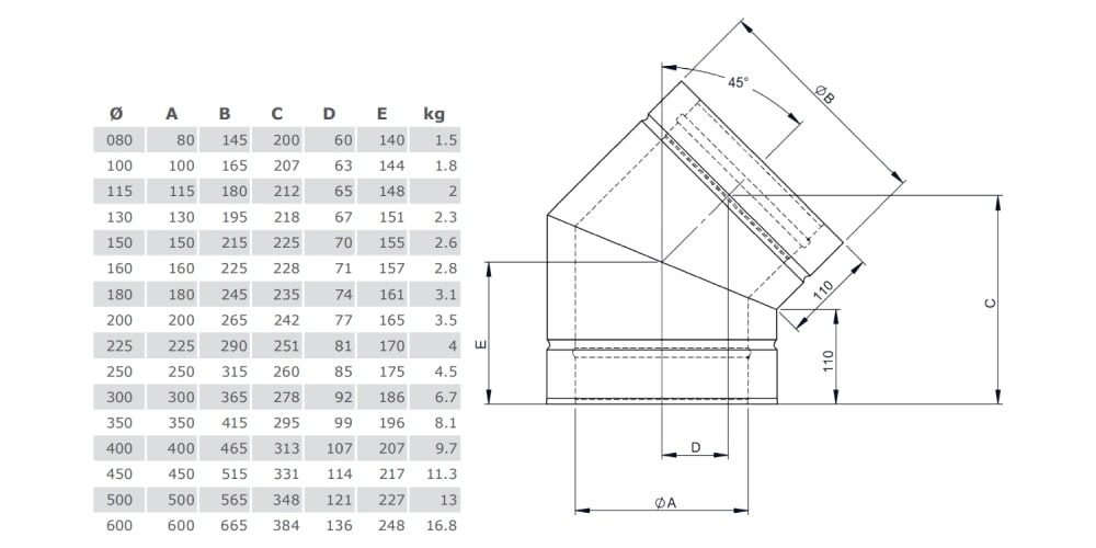 Winkel 45° starr - doppelwandig - Tecnovis TEC-DW-Classic