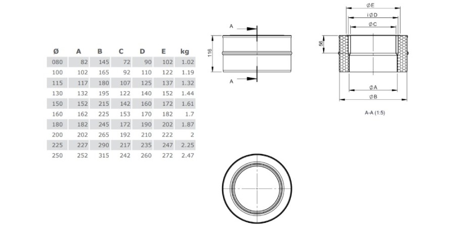 Übergang TEC-EW-SILVER / TEC-DW-SILVER mit integriertem Wandfutter, gerade für TEC-STAHL - Tecnovis TEC-DW-Silver