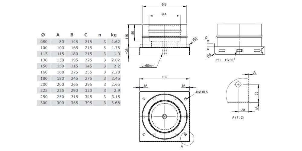 Grundplatte mit Kondensatablauf unten aus Kupfer - doppelwandig - Tecnovis TEC-DW-Classic