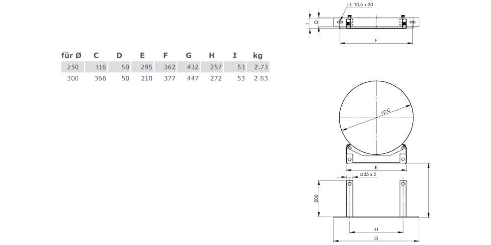 Wandabstandshalter starr (Kopf-/Wandteil), Wandabstand ab 250 mm - doppelwandig - Tecnovis TEC-DW-Design