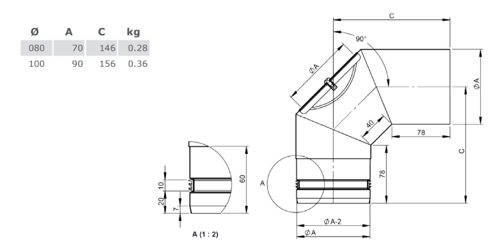 Pelletofenrohr - Winkel 90° starr mit Revision gussgrau lackiert - Tecnovis TEC-Pellet