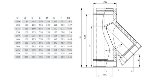 T-Anschluss 45° mit Wassernase - doppelwandig - Tecnovis TEC-DW-Silver