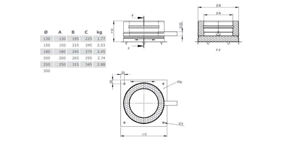 Grundplatte für Sockelmontage mit Kondensatablauf seitlich und 1/2“ Nippel - doppelwandig - Tecnovis TEC-DW-Design