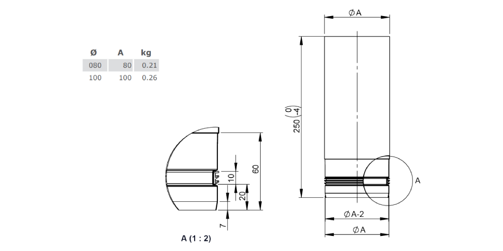 Pelletofenrohr - Längenelement 250 mm - schwarz lackiert - Tecnovis TEC-Pellet