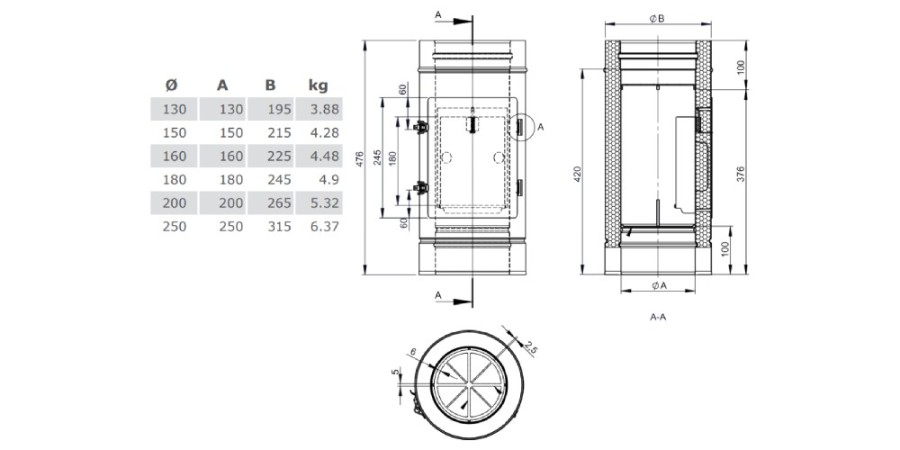 Reinigungselement Design Plus mit Kugelfang und Rußtopf aus Kupfer - doppelwandig - Tecnovis TEC-DW-Classic