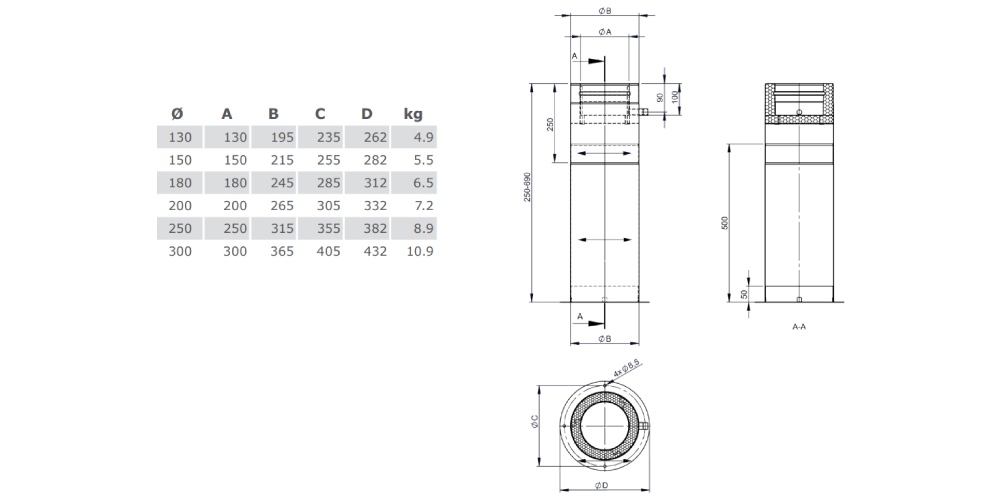 Teleskopstütze 250 - 690 mm inkl. Teleskopkopf mit Kondensatablauf seitlich - Tecnovis TEC-DW-Design