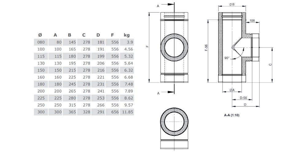 T-Anschluss 90° mit Wassernase aus Kupfer - doppelwandig - Tecnovis TEC-DW-Classic