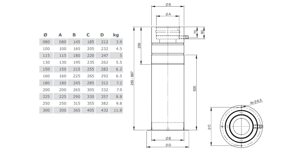 Teleskopstütze 250-690mm mit Teleskopkopf, Kondensatablauf seitlich aus Kupfer - doppelwandig - Tecnovis TEC-DW-Classic