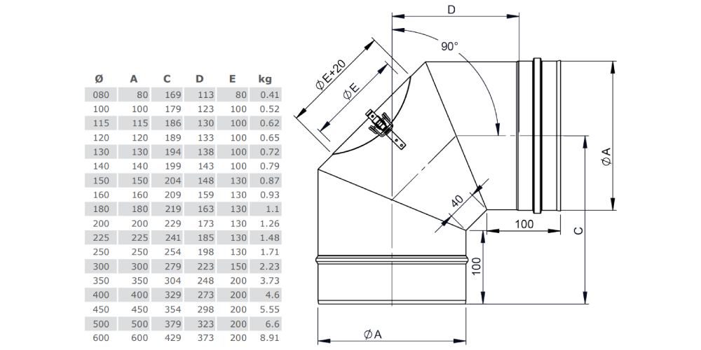 Winkel 90° starr mit Revisionsöffnung - einwandig - Tecnovis TEC-EW-Classic