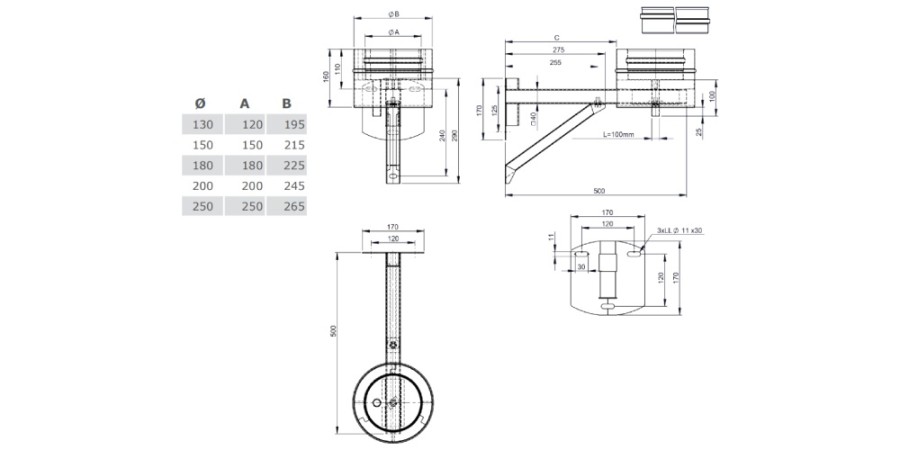 Grundplatte rund mit Kondensatablauf unten und Halterung verstellbar bis 200 mm - Tecnovis TEC-DW-Design