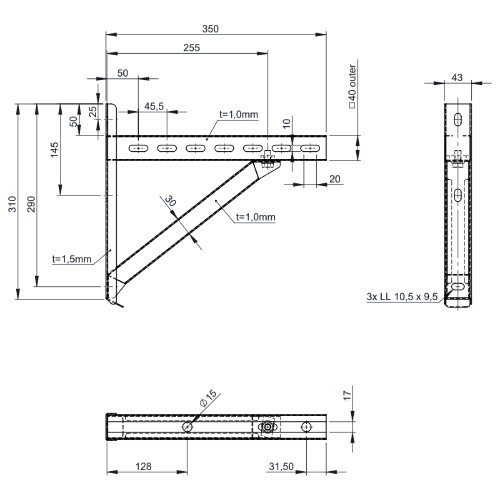 Wandstützen & Querträger Typ I 350 mm, Altkupfer lackiert für Tecnovis TEC-DW-CLASSIC