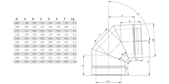 Winkel 87° starr - doppelwandig - Tecnovis TEC-DW-Silver