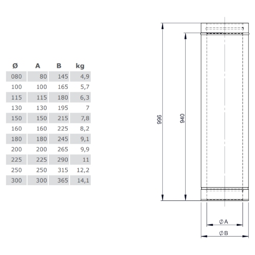 Längenelement 1000 mm - doppelwandig - Tecnovis TEC-DW-Silver