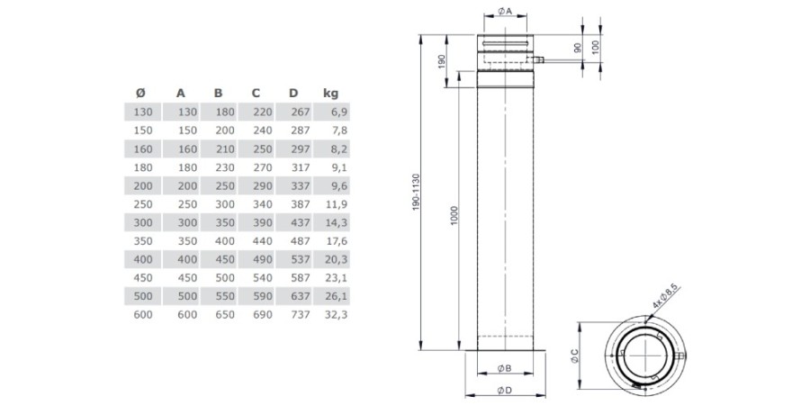 Teleskopstütze 190 - 1130 mm inkl. Teleskopkopf - doppelwandig - Tecnovis TEC-DW-Standard