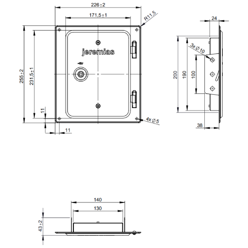 Edelstahlkamintüre 210 x 140 mm mit 4 Bohrungen und 2 seitlichen Laschen, inkl. Kamintürenschlüssel - Tecnovis TEC-EW-Classic