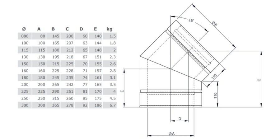 Winkel 45° starr - doppelwandig - Tecnovis TEC-DW-Silver
