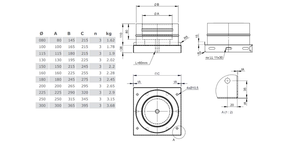 Grundplatte mit Kondensatablauf unten und 1/2“ Nippel - Tecnovis TEC-DW-Silver