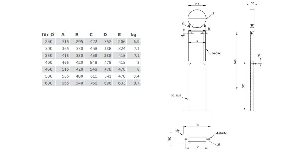 Unterstützung mit Gelenk 800 - 1200 mm für Tecnovis TEC-DW-Classic und TEC-DW-Silver
