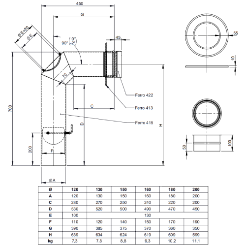 Ofenrohr - Winkelrohr (Schenkellänge 450/700 mm) - Set für Anschluss oben - schwarz - Tecnovis TEC-Stahl